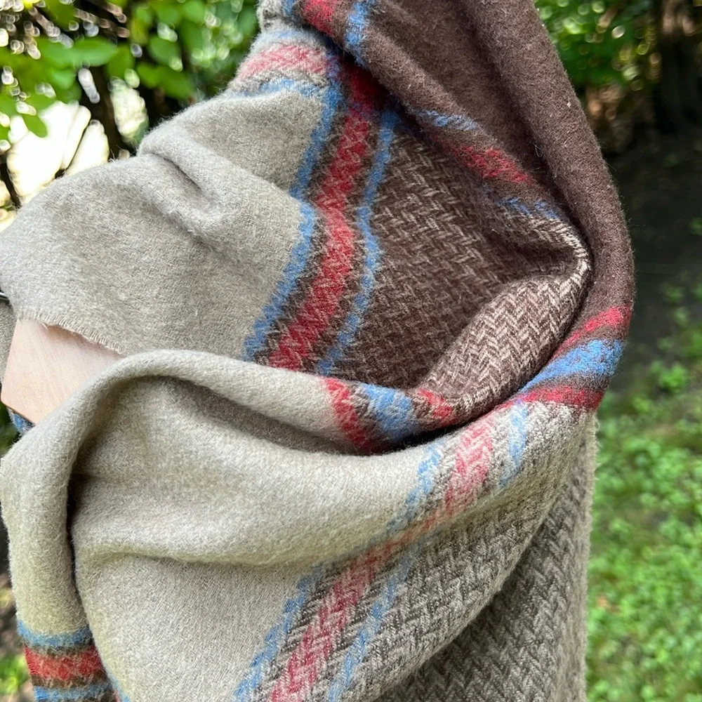 🐑Woodward Plaid Cashmere Wool Fringed Scarf | Taupe Brown Blue + Red